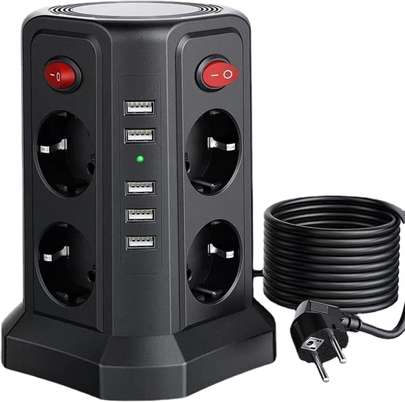 Dikey anahtarlı uzatma kablosu devresi aşırı gerilim koruması 5 USB soket kulesi 8 AC anahtarlı prizler 1,8 m uzatma kablosu,C ürün görseli 1