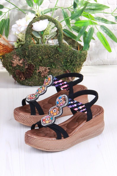 Fort 5015 Fendi Taşlı Boncuklu Dolgu Taban Kadın Sandelet - Resim 5