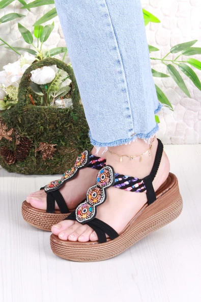 Fort 5015 Fendi Taşlı Boncuklu Dolgu Taban Kadın Sandelet - Resim 2