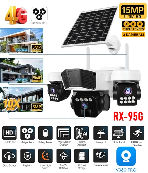V380Pro RX95G 15MP (5+5+5) Üç Kameralı Ultrahd 4g Güneş Enerjili Akıllı Güvenlik Kamerası - 1