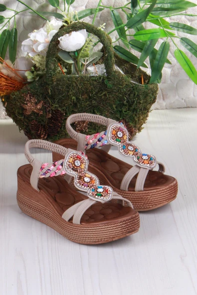 Fort 5015 Fendi Taşlı Boncuklu Dolgu Taban Kadın Sandelet - Resim 10