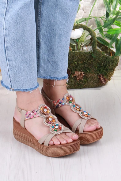 Fort 5015 Fendi Taşlı Boncuklu Dolgu Taban Kadın Sandelet - Resim 9