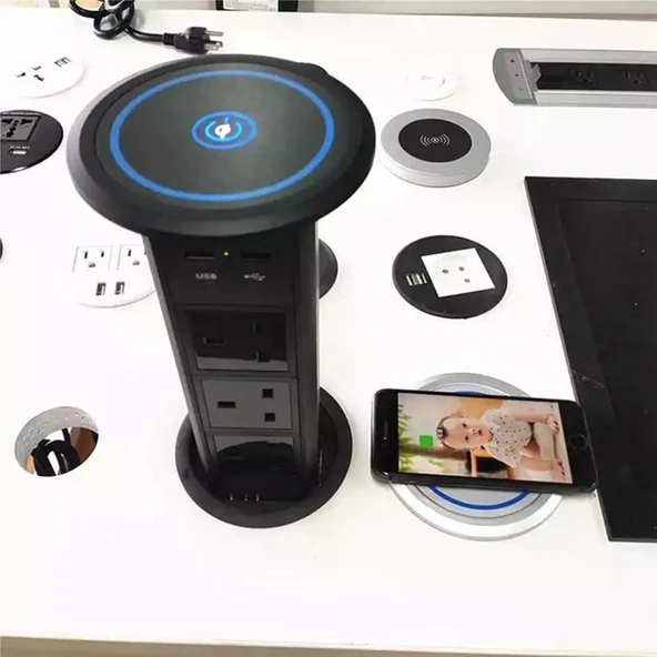 Akıllı Kule Elektrikli Açılır Soket 3 Soket + 2 USB + Üst Kablosuz Şarj Masaüstü Soketi Güvenlik Koruması,Silver - Resim 2