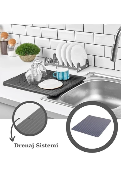 Tezgah Üstü Bulaşık Kurutmalığı Özel Eğimli Dizayn Bulaşıklık Sert Sağlam 40 x 32,5 Cm 10145 - 3