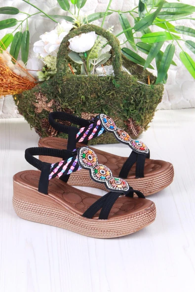 Fort 5015 Fendi Taşlı Boncuklu Dolgu Taban Kadın Sandelet - Resim 4