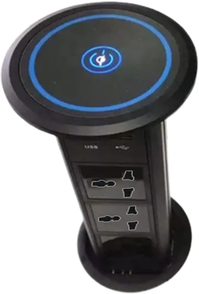 Akıllı Kule Elektrikli Açılır Soket 3 Soket + 2 USB + Üst Kablosuz Şarj Masaüstü Soketi Güvenlik Koruması,Black ürün görseli 1