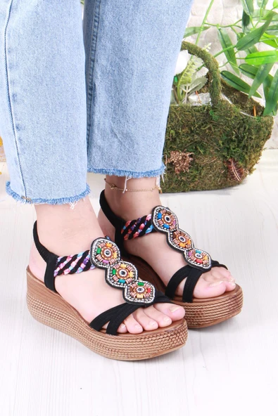 Fort 5015 Fendi Taşlı Boncuklu Dolgu Taban Kadın Sandelet - Resim 3