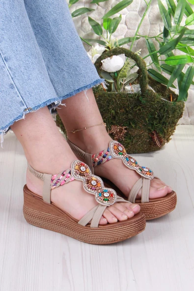 Fort 5015 Fendi Taşlı Boncuklu Dolgu Taban Kadın Sandelet - Resim 7