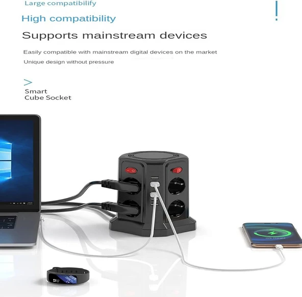 Dikey anahtarlı uzatma kablosu devresi aşırı gerilim koruması 5 USB soket kulesi 8 AC anahtarlı prizler 1,8 m uzatma kablosu,C - Resim 2