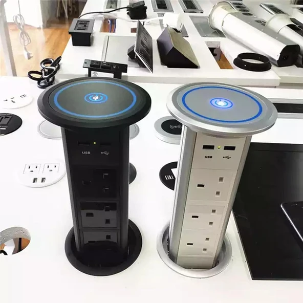 Akıllı Kule Elektrikli Açılır Soket 3 Soket + 2 USB + Üst Kablosuz Şarj Masaüstü Soketi Güvenlik Koruması,Silver - Resim 3