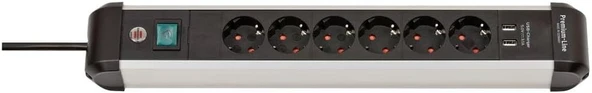 Brennenstuhl Premium-Alu-Line çoklu priz, USB/çoklu priz, 6 bölmeli, yüksek kaliteli alüminyum (3 m kablolu ve şalterli priz, 2 bölmeli USB 3,1 A, Almanya'da üretilmiştir)