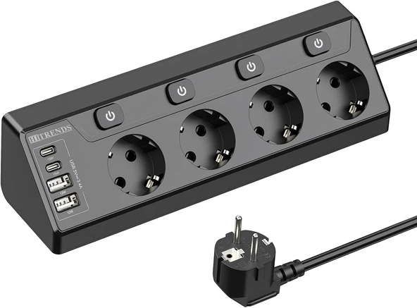 Priz 8 n 1 USB'li priz adaptörü, şalterli priz, 4 gözlü priz ve 2 USB şarj cihazı bağlantısı ve 2 m C tipi uzatma kablosu, ev, ofis, seyahat için, siyah