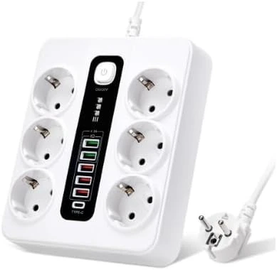 Çoklu priz, 6'lı USB, 12'si 1 arada çoklu priz, 5 USB-A ve 1 USB-C, şalterli, 2 m uzatma kablosu, 3000 W, ofis, ev için çoklu priz (beyaz)