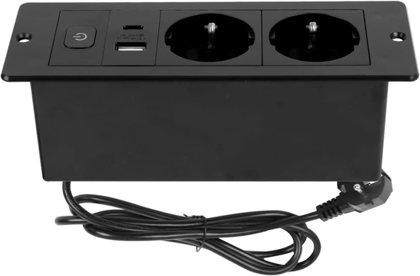 Masa Üstü Gömme 2 USB Priz, Geri Çekilebilir Kurulum Çoklu Priz, 3 Yollu, 1,8 m Kablolu, Ofisler, Yatak Odaları, Sınıflar, İş İstasyonları için (Siyah, 2AC + USB (A+C)) ürün görseli 1