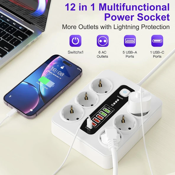 Çoklu priz, 6'lı USB, 12'si 1 arada çoklu priz, 5 USB-A ve 1 USB-C, şalterli, 2 m uzatma kablosu, 3000 W, ofis, ev için çoklu priz (beyaz) - 2