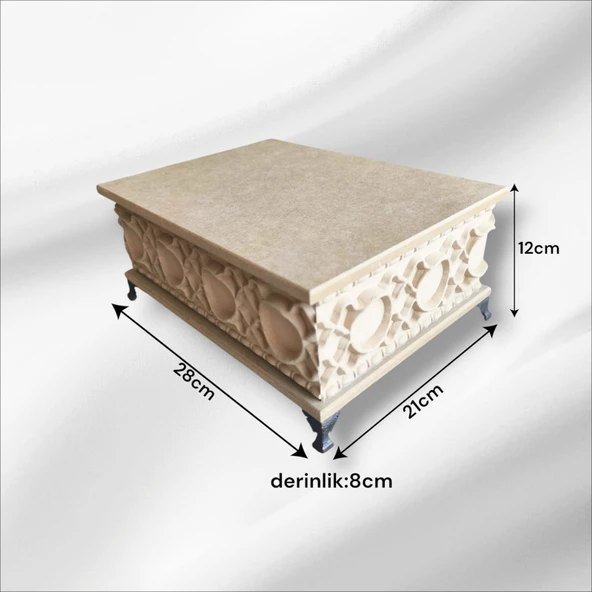 Ahşap- Ham Mdf- Desenli-takı-makyaj-aksesuar-çok Amaçlı- Ayaklı dikdörtgen Dekoratif Kutu