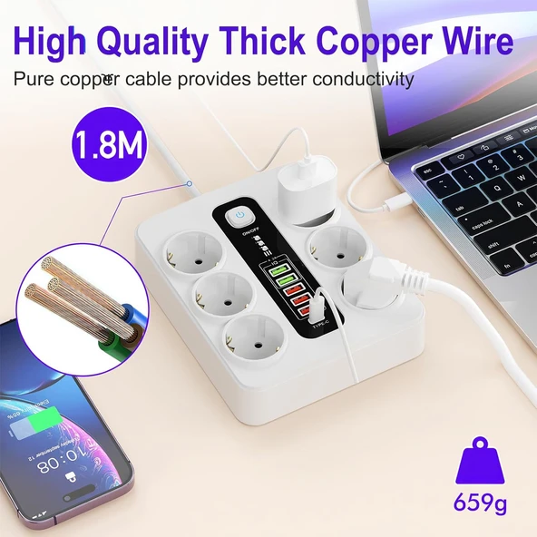Çoklu priz, 6'lı USB, 12'si 1 arada çoklu priz, 5 USB-A ve 1 USB-C, şalterli, 2 m uzatma kablosu, 3000 W, ofis, ev için çoklu priz (beyaz) - 3