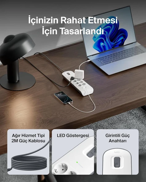 Belkin bsv804Vf2M Akım Korumalı Uzatma Priz,8 Çıkışlı Priz,2,4A Çıkışlı iki (2) adet USB Bağlantı Noktası ,2M, 2x2.4A USB Girişi - Resim 4