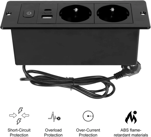 Masa Üstü Gömme 2 USB Priz, Geri Çekilebilir Kurulum Çoklu Priz, 3 Yollu, 1,8 m Kablolu, Ofisler, Yatak Odaları, Sınıflar, İş İstasyonları için (Siyah, 2AC + USB (A+C)) - Resim 2