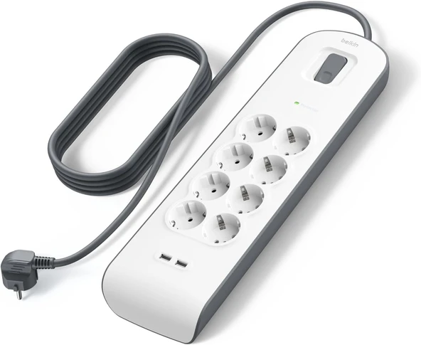 Belkin bsv804Vf2M Akım Korumalı Uzatma Priz,8 Çıkışlı Priz,2,4A Çıkışlı iki (2) adet USB Bağlantı Noktası ,2M, 2x2.4A USB Girişi ürün görseli 1