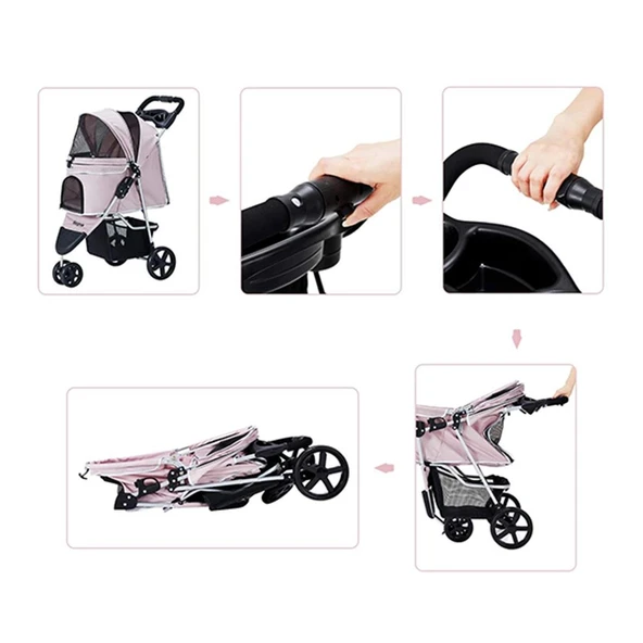 Zampa TriBoro Pembe Kedi-Köpek Arabası (SP03P-P)| Katlanabilir, Süspansiyonlu ve Fonksiyonel Tasarım - 3