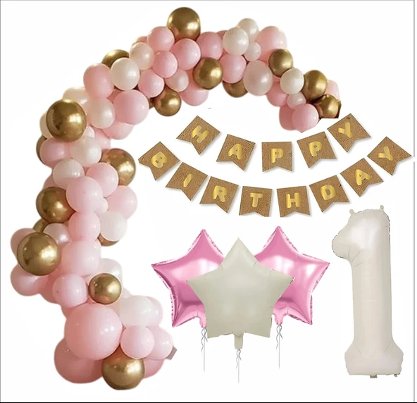 1 YAŞ KRAFT GOLD BANNER, 30 ADET PEMBE, GOLD, BEYAZ BALON 2 PEMBE 1 BEJ YILDIZLI DOĞUM GÜNÜ SETİ ürün görseli 1