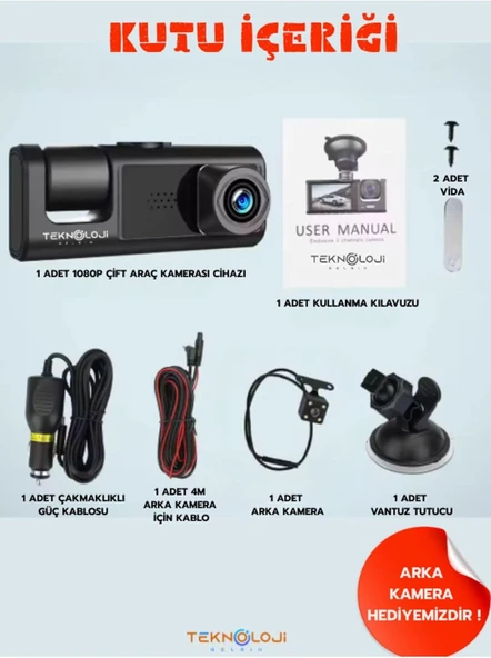 1080P Dash Cam Full Hd Araç içi Kamera Ön Arka ve İç Kayıt 3 Kamera Gece Görüşlü G Sensör Geniş Açı - Resim 4