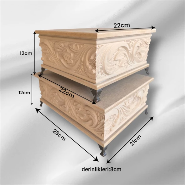 Ahşap- Ham Mdf- Desenli-takı-makyaj-aksesuar-çok Amaçlı- Ayaklı- 2li Dekoratif Kutu - 2