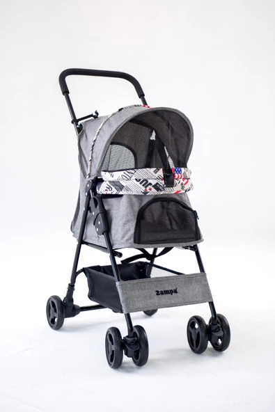 Zampa Showtime Gri Kedi-Köpek Arabası (SP02XKG) | Katlanabilir, Fileli, Güvenli ve Konforlu Tasarım