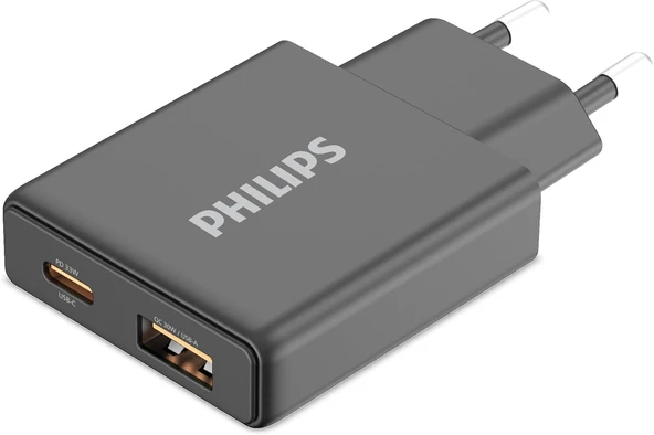 Philips DLP4322C USB Hızlı Şarj Adaptörü, 33W PowerDelivery 3.0 + QuickCharge 3.0, Çift Port USB-C ve USB-A, Eşzamanlı 2 Cihaz Şarj (Siyah) ürün görseli