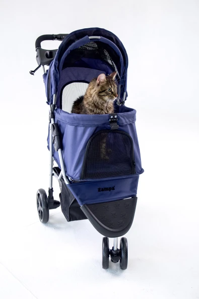 Zampa TriBoro Lacivert Kedi-Köpek Arabası | Katlanabilir, Süspansiyonlu, Güvenli ve Şık Tasarım