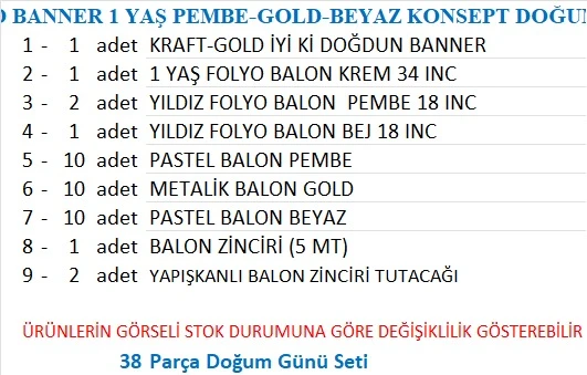 1 YAŞ KRAFT GOLD BANNER, 30 ADET PEMBE, GOLD, BEYAZ BALON 2 PEMBE 1 BEJ YILDIZLI DOĞUM GÜNÜ SETİ - Resim 2