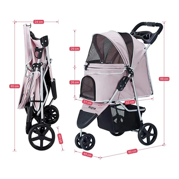 Zampa TriBoro Pembe Kedi-Köpek Arabası (SP03P-P)| Katlanabilir, Süspansiyonlu ve Fonksiyonel Tasarım - 4