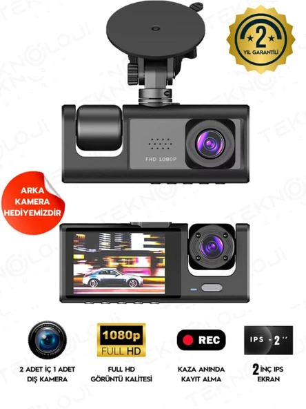 1080P Dash Cam Full Hd Araç içi Kamera Ön Arka ve İç Kayıt 3 Kamera Gece Görüşlü G Sensör Geniş Açı - Resim 2