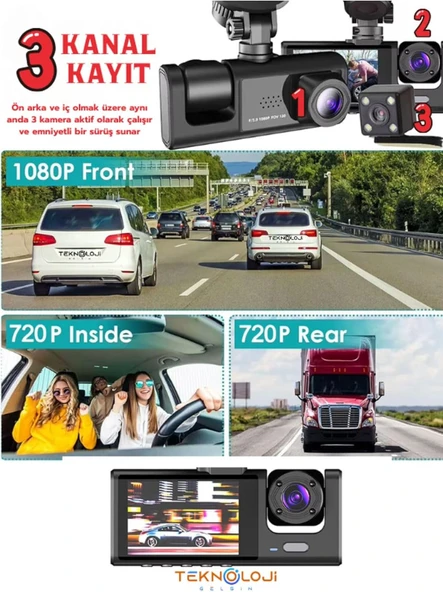 1080P Dash Cam Full Hd Araç içi Kamera Ön Arka ve İç Kayıt 3 Kamera Gece Görüşlü G Sensör Geniş Açı - Resim 3