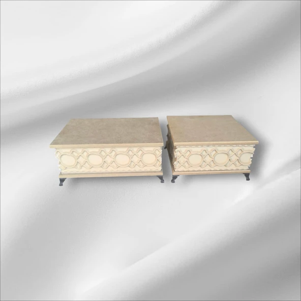 Ahşap- Ham Mdf- Desenli-takı-makyaj-aksesuar-çok Amaçlı- Ayaklı- 2li Dekoratif Kutu - 5
