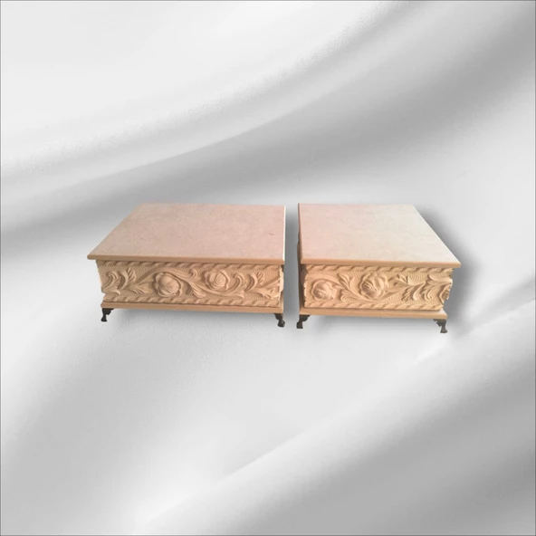 Ahşap- Ham Mdf- Desenli-takı-makyaj-aksesuar-çok Amaçlı- Ayaklı- 2li Dekoratif Kutu - 4