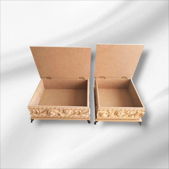 Ahşap- Ham Mdf- Desenli-takı-makyaj-aksesuar-çok Amaçlı- Ayaklı- 2li Dekoratif Kutu - 3