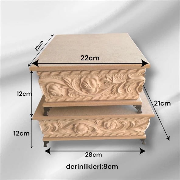 Ahşap- Ham Mdf- Desenli-takı-makyaj-aksesuar-çok Amaçlı- Ayaklı- 2li Dekoratif Kutu - 2