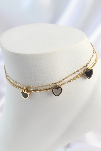 316L Çelik Gold Renk 2'Li İtalyan Zincir Model Sallantı Kalp Figür Kadın Halhal ürün görseli