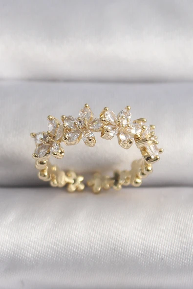 Pirinç Gold Renk Zirkon Taşlı Çiçek Model VIP Seri Kadın Yüzük ürün görseli 1