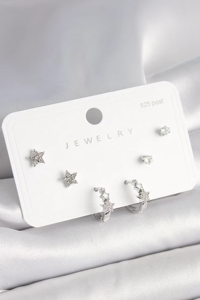 925 Ayar Gümüş Çivi Pirinç Gümüş Renk Zirkon Taşlı Yıldız Model Kadın Küpe Seti ürün görseli 1