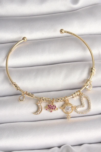 Pirinç Gold Renk Zirkon Taşlı Sallantı Gezegen Model Yıldız Detay Charm Kadın Bileklik ürün görseli