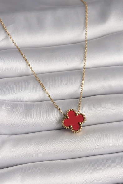 316L Çelik Gold Renk Kırmızı Yonca Model Kadın Kolye ürün görseli 1