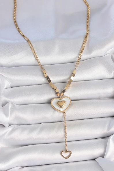 316L Çelik Gold Renk Zincir Beyaz Mineli Kalp Figür Sallantı Detay Kadın Kolye - Resim 2