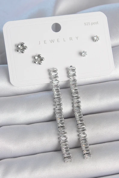 Pirinç Gümüş Renk Zirkon Taşlı Su Yolu Model Çiçek Detay 925 Ayar Gümüş Çivi Kadın Küpe Seti - 2