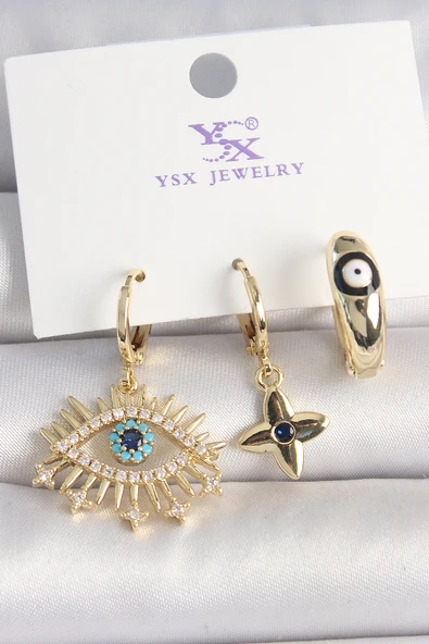 Pirinç Gold Renk Zirkon Taşlı Göz Figür Nazar Boncuk Detay 3'Lü Kadın Kombin Küpe ürün görseli 1