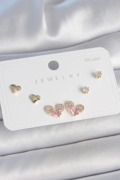 Pirinç Gold Renk Pembe Zirkon Taşlı Kalp Model 925 Ayar Gümüş Çivi Kadın Küpe Seti ürün görseli 1