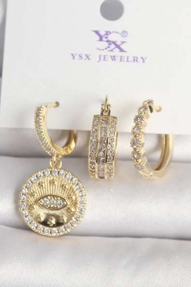 Pirinç Gold Renk Zirkon Taşlı Göz İşlemeli Model 3'Lü Kadın Kombin Küpe