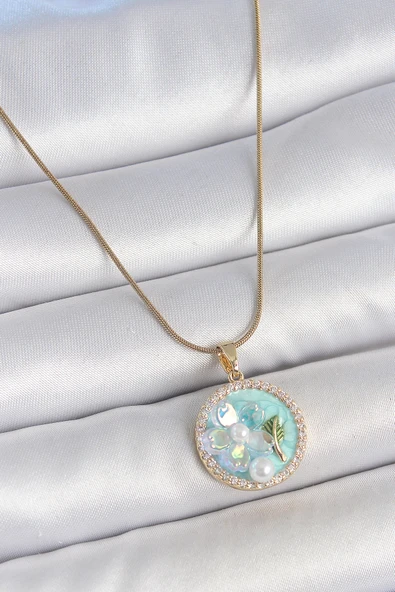 316L Çelik Gold Renk Zincir Zirkon Taş Detaylı Mavi Mineli Çiçek İşlemeli İnci Detay Kadın Kolye ürün görseli 1